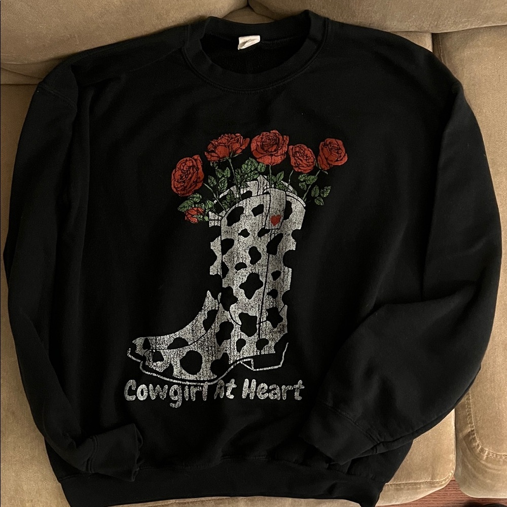 Altar'd State Black Sweatshirt with Red and Gray Boot Design